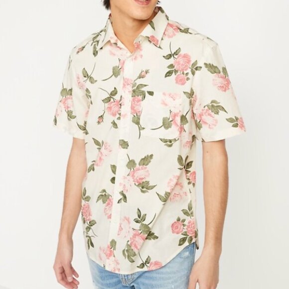 Old Navy Other - Old Navy Everyday Built-In Flex Pink Roses Preppy Short-Sleeve Shirt Size L